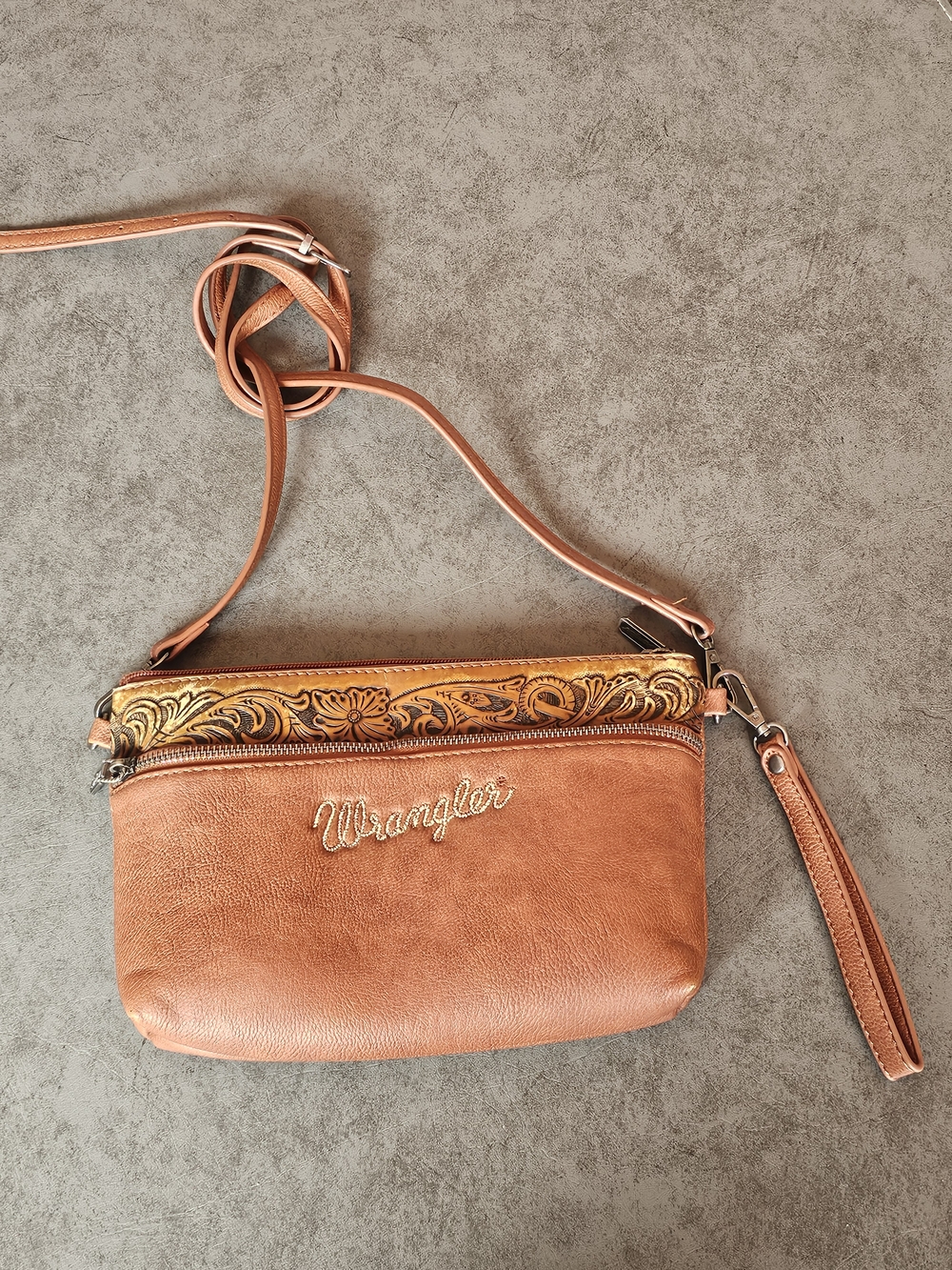 Wrangler Cognac Leather Crossbody with Tooled Accent
